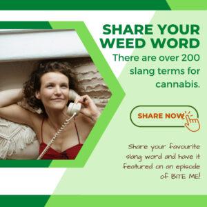 Image of Marge on an old fashioned  telephone for the 420 stay high episode, encouraging listeners to share their weed word.