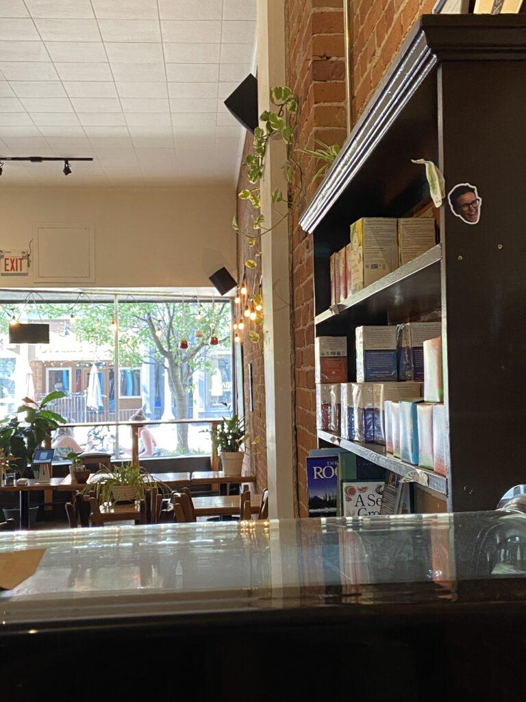 bean salad recipe episode - marges face sticker high on the side of shelf in a restaurant