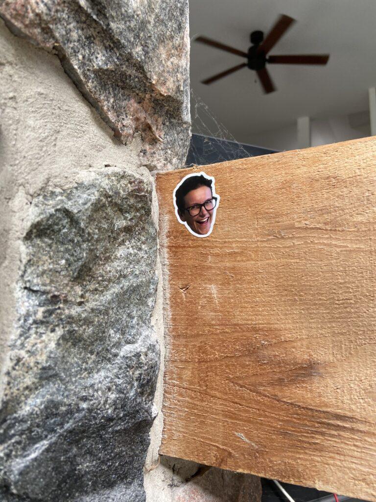 bean salad recipe episode - marge's face sticker on a wooden beam