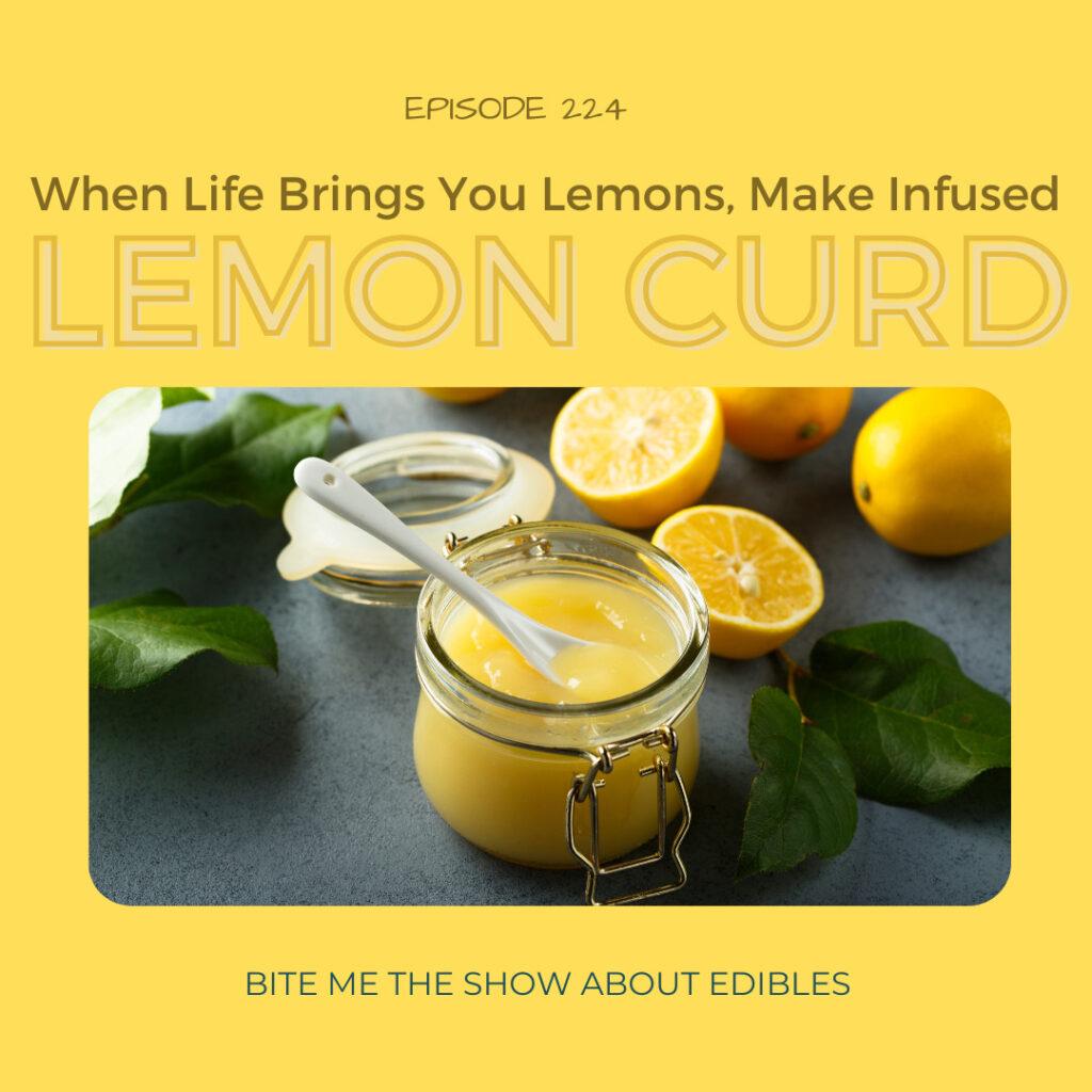 Photo of lemon curd in a glass jar with a spoon and cut lemons in the background