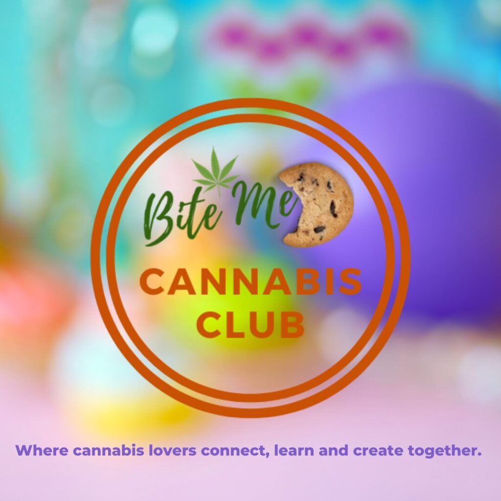 circle logo for the bite me cannabis club, includes a cannabis leaf and a cookie with a bite out of it.